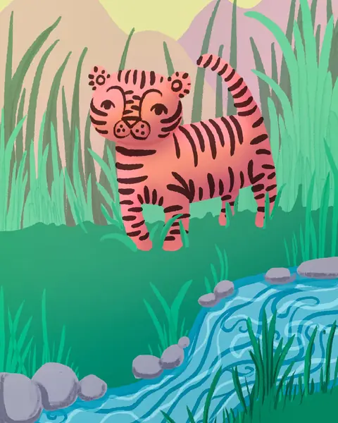 Pink striped tiger cub in tall grass beside a blue stream