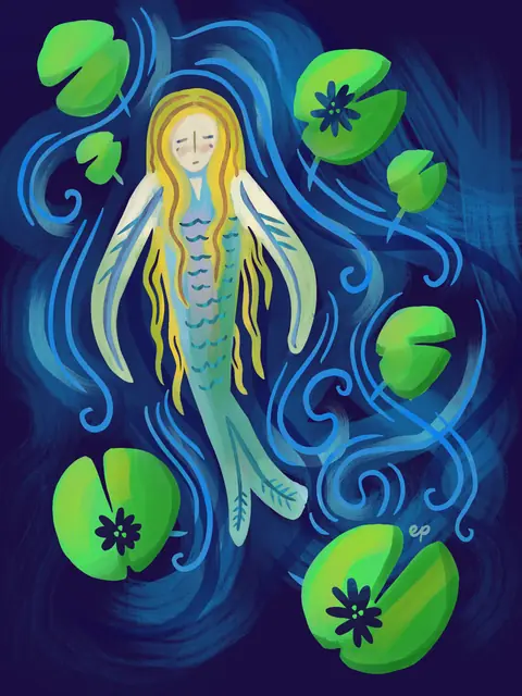 Painted mermaid with long blond hair among green lily pads in swirling blue water