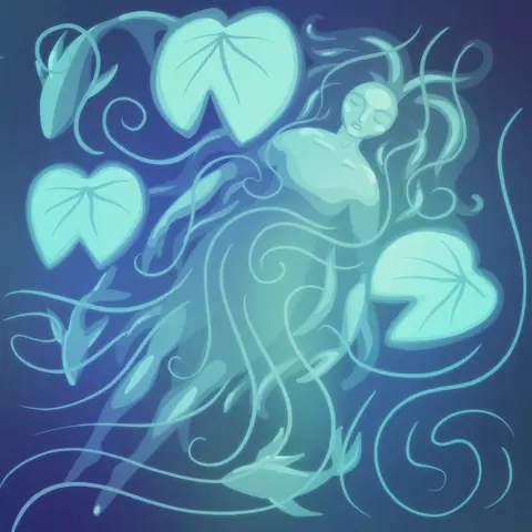Pale ghostly figure drifting through teal water with lily pads