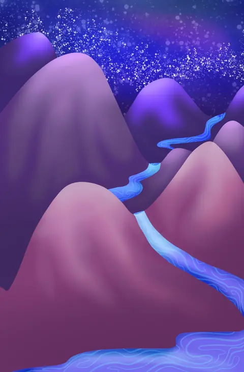Purple mountains with a winding blue river under a starry sky