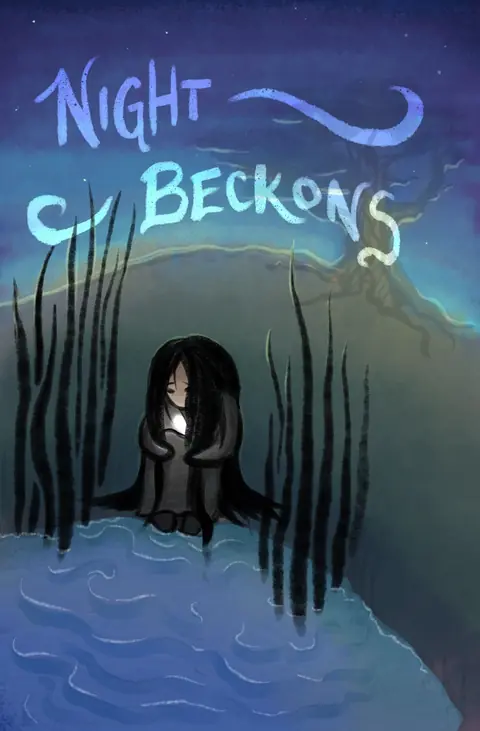 Dark-haired figure by night water under the words Night Beckons