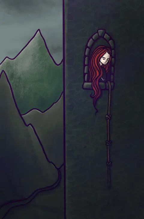 Red-haired woman at a tower window above dark green mountains