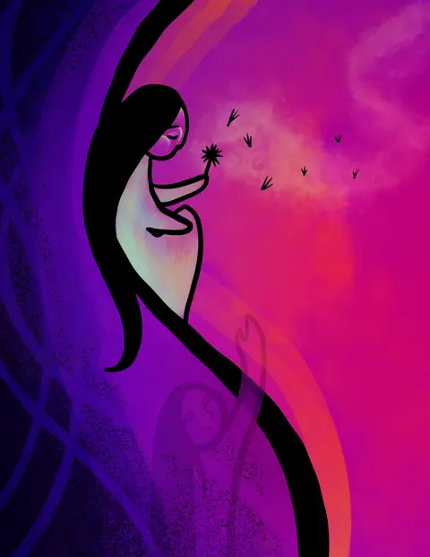 Pale woman blowing dandelion seeds against a pink and purple sky