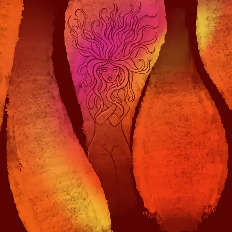 Woman with flowing hair between orange and red flame shapes