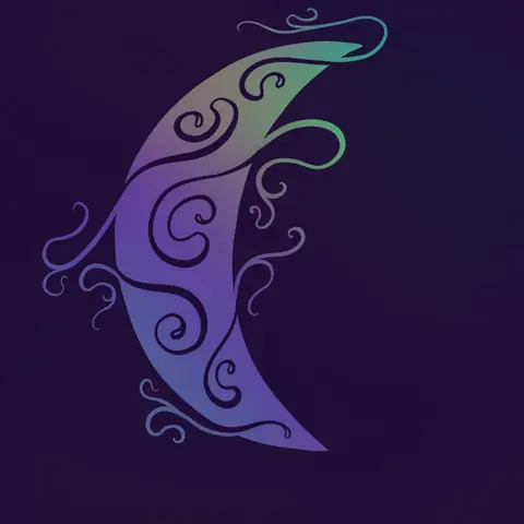 Purple crescent moon with curling swirls on a dark background