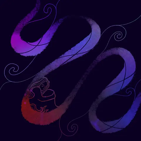 Purple and red ribbon winding across a dark night background