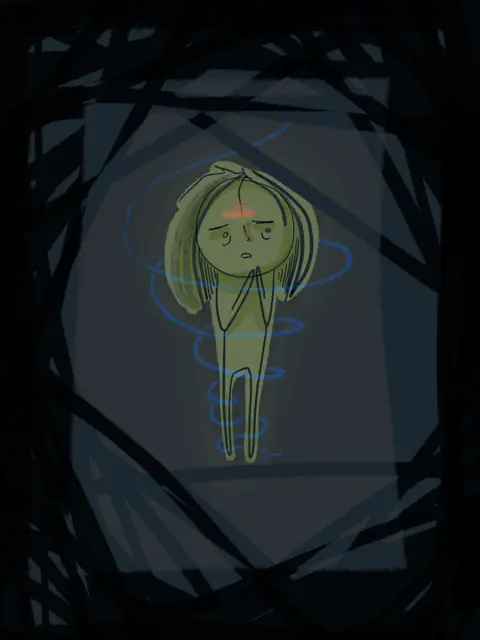Small pale girl standing in a dark room with a blue glow