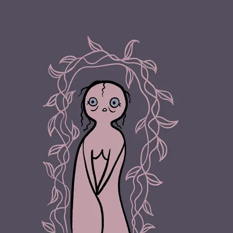 Pink figure framed by a vine arch on a mauve background