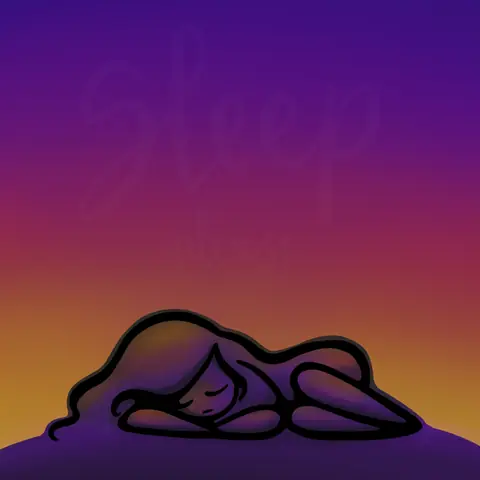 Figure curled up asleep under a purple to orange sky with the faint word Sleep