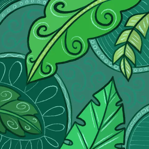 Large green leaves with curling patterns