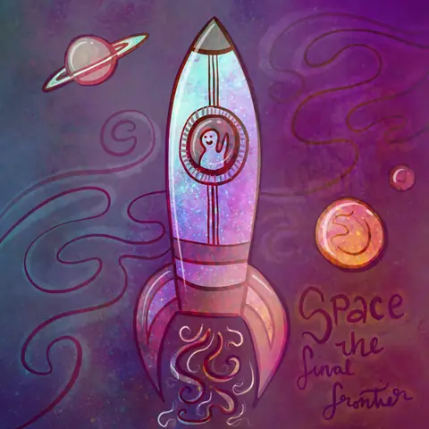 Painted rocket among planets with the words Space the final frontier