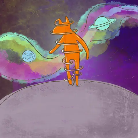 Orange figure wrapped in rings standing on a planet under a swirling purple sky