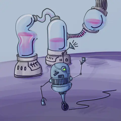 Small robot under glass tanks of pink liquid in a lab
