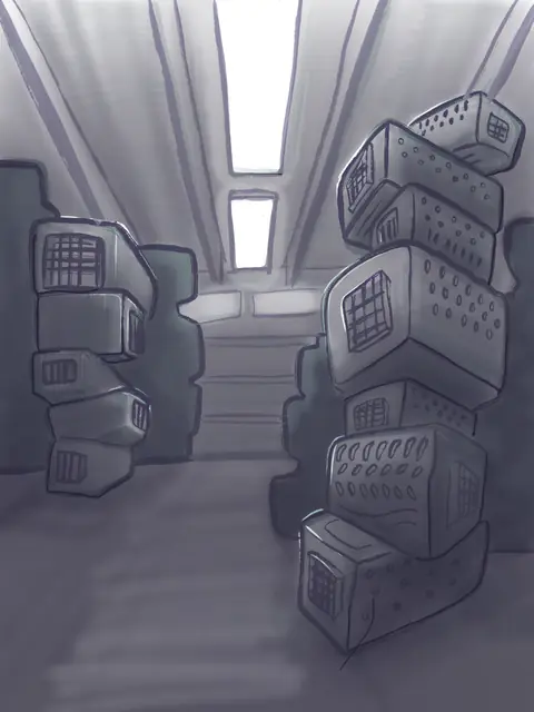 Grey corridor lined with stacks of old computer monitors
