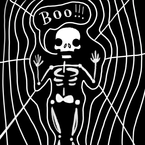 Skeleton in a bow tie shouting Boo in a black and white web
