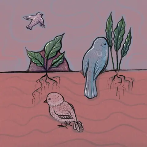 Two birds among sprouting plants on pink soil