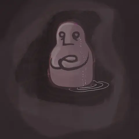Grey blob creature hugging itself in a dark puddle