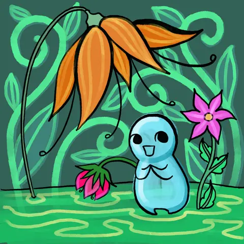 Small blue creature smiling among orange and pink flowers