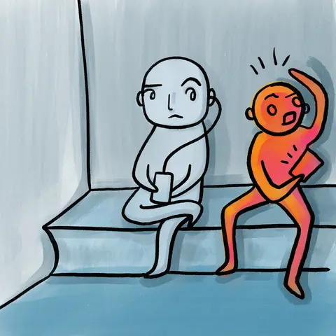 Grey figure on a step beside an orange figure waving its arms