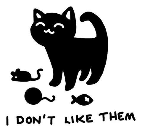 Black cat beside a mouse, yarn and fish with the words I don't like them
