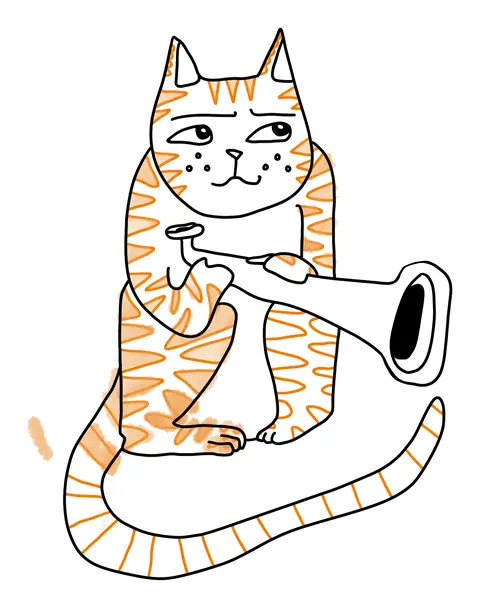 Orange tabby cat holding a brass horn