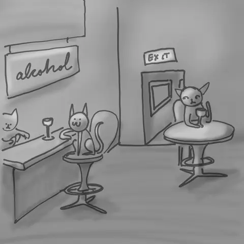 Grey sketch of cats at a bar under an alcohol sign