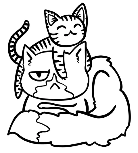 Small striped kitten sitting on a big grumpy fluffy cat