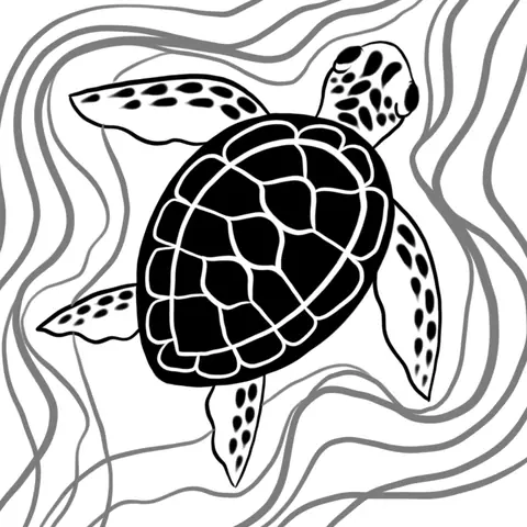 Black ink sea turtle among wavy lines