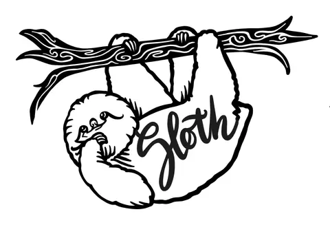 Sloth hanging from a branch with the word Sloth