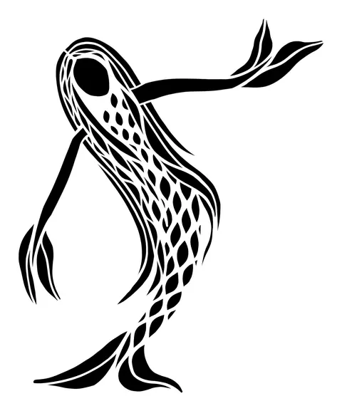 Long black figure with a fish tail reaching upward