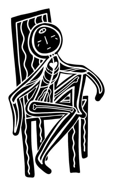 Figure sitting in a tall chair