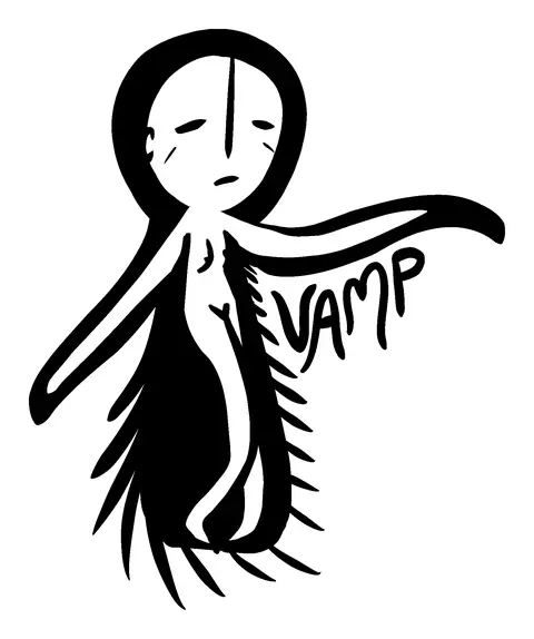 Pale figure in a black cloak with the word Vamp