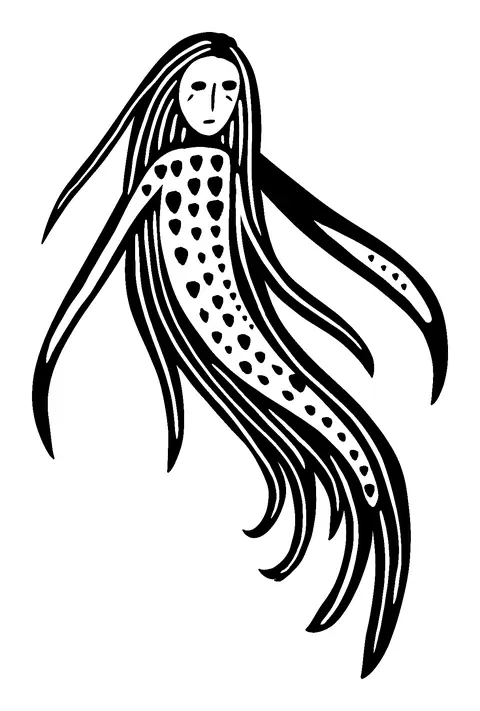 Small figure with long flowing dotted hair