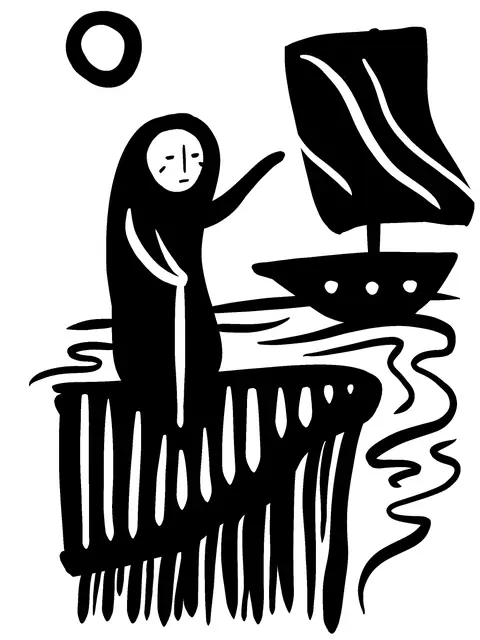 Figure at the end of a pier beside a small sailboat