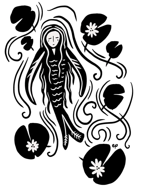 Black ink mermaid among lily pads
