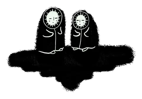 Two small hooded figures in a dark cloud