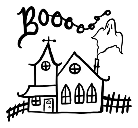 Haunted house with a ghost and the word Boooo