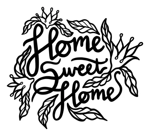 Lettering reading Home Sweet Home surrounded by leaves