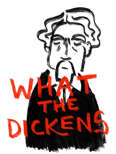 Brush portrait of a bearded man with the words What the Dickens