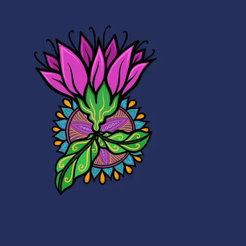 Pink and green flower motif on navy