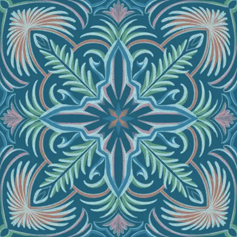 Teal and peach leafy mandala tile