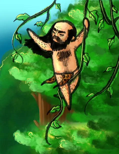Bearded man in a leopard-print loincloth swinging on vines through green trees