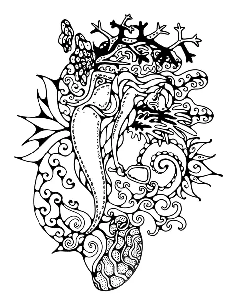 Ink zentangle mermaid wrapped in swirls, coral branches and a sun