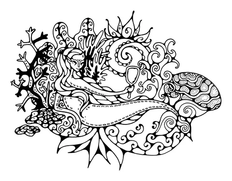 Ink mermaid wrapped in swirls, coral branches and a sun