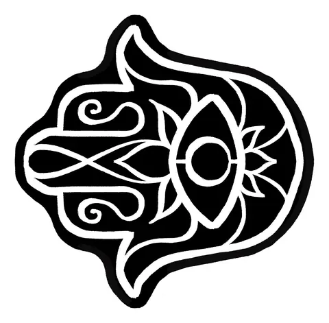 Black hamsa hand with an eye at its center