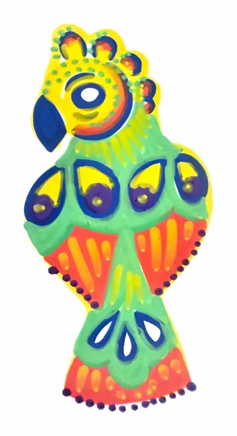 Bright painted parrot in orange, green, yellow and blue with a fan tail