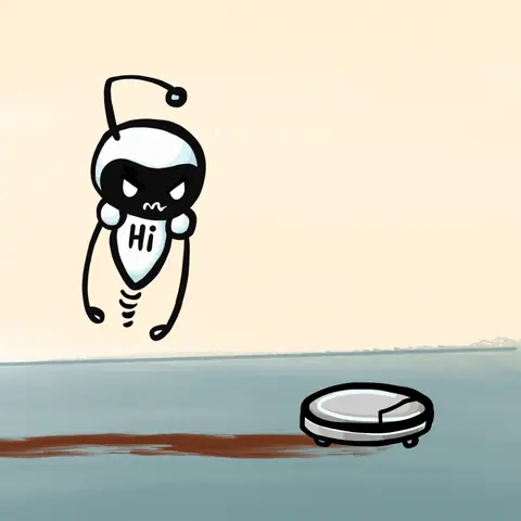 Grumpy little Hi robot hovering over a robot vacuum that left a brown streak