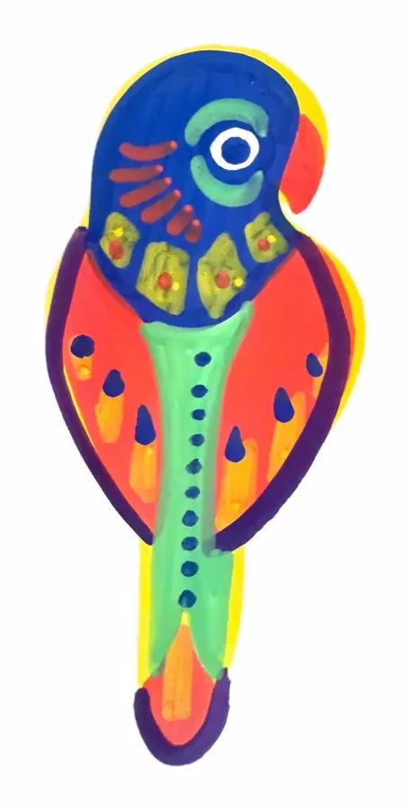 Painted parrot with a blue head, orange wings and a green dotted stripe
