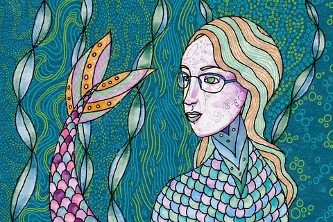 Mermaid with glasses and a scaly top among wavy seaweed