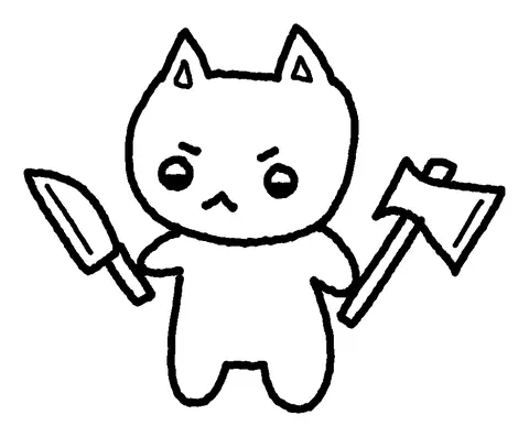 Grumpy cat holding a knife and an axe